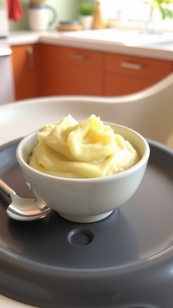 Creamy mashed potatoes in a baby food bowl with a small spoon on a high chair tray.